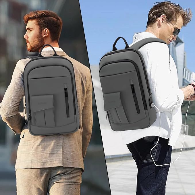 Business Backpack for Men Slim Lightweight Laptop Backpack Water Resistant Small Office Backpack for Commute Travel Daily Office Work with Small Bag (Grey, 15.6")