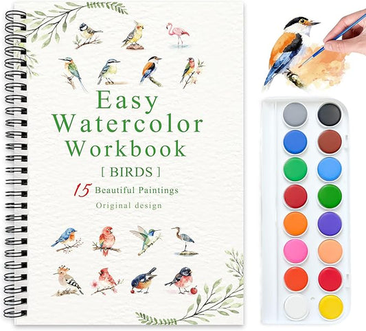 Watercolor Workbooks, 16 Colors Water Color Books Paint Set for Adults, Watercolor Coloring Book for Beginners, Water Color Workbook, 15 Beautiful Paintings for Beginners (Birds)