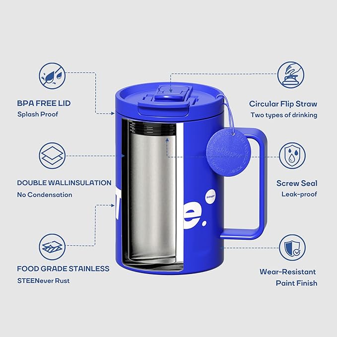 18 oz Stainless Steel Insulated Coffee Mug with Handle and Lid, Double Wall Vacuum Travel Mug, Tumbler Cup with Sliding Lid, Resuable Insulated Coffee Tumbler, Blue