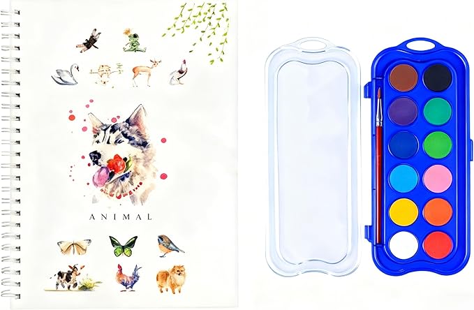 12 Colors Watercolor Book with Paint，Beginner Watercolor Workbook Kit, Watercolors Workbook (Animals -12 Colors)