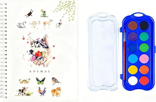 12 Colors Watercolor Book with Paint，Beginner Watercolor Workbook Kit, Watercolors Workbook (Animals -12 Colors)