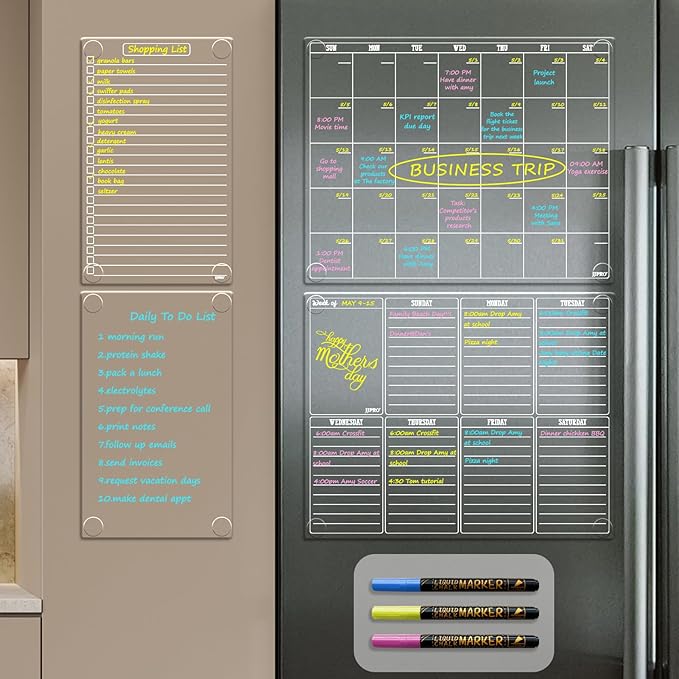 JJPRO Non Magnetic Dry Erase Calendar for Fridge-Reusable Monthly&Weekly Planning Board, List and Blank Board for All Smooth Surfaces. Clear Reusable Board Sticks to Fridge,Wall,Door&Glass