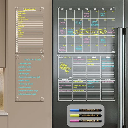JJPRO Non Magnetic Dry Erase Calendar for Fridge-Reusable Monthly&Weekly Planning Board, List and Blank Board for All Smooth Surfaces. Clear Reusable Board Sticks to Fridge,Wall,Door&Glass
