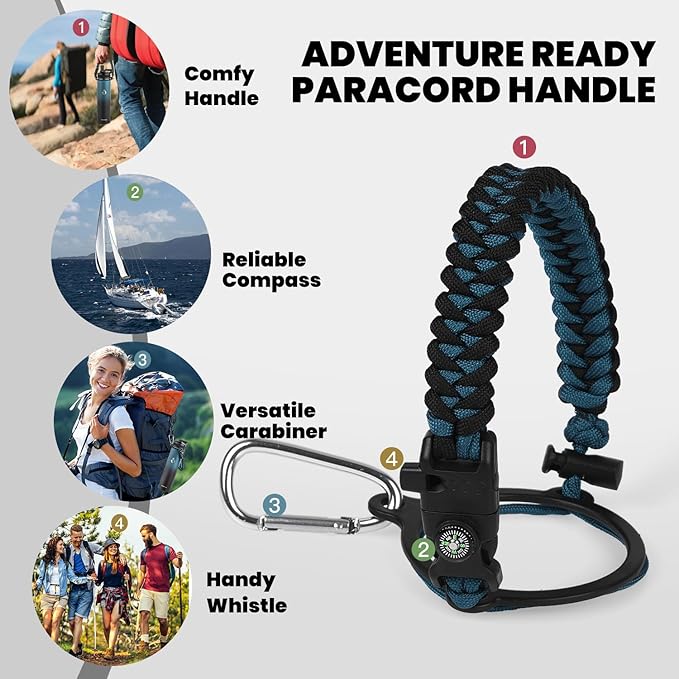 RAYMYLO Insulated Water Bottle 24oz, Triple Wall Vacuum Stainless Steel (Cold for 24Hrs, Hot for 12Hrs), Leak Proof & Non-BPA, 24oz Hydro Water Flask with Paracord Handle & Straw Spout Lids