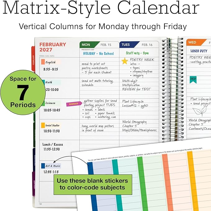DELUXE TEACHER PLANNER Aug 2026-Jul 2027 8.5x11 Daily Weekly Monthly Organizers with 7 Periods, Pocket Folder, Dated Calendar, Page Tabs, Bookmark and Planning Stickers (Pastel Peacock)