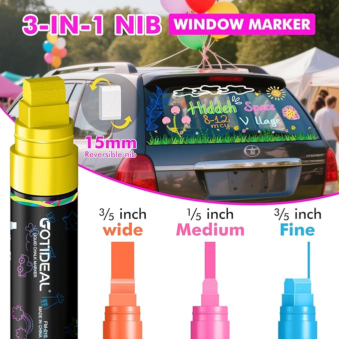 GOTIDEAL 15mm Window Markers, Jumbo Chalk Markers for Blackboard Erasable,Washable Car Marker for Auto,Chalkboard,Glass,Mirrow,Calendar,12 Colors Car Paint Pens With Metallic Colors（3-in-1 Thick Tip）