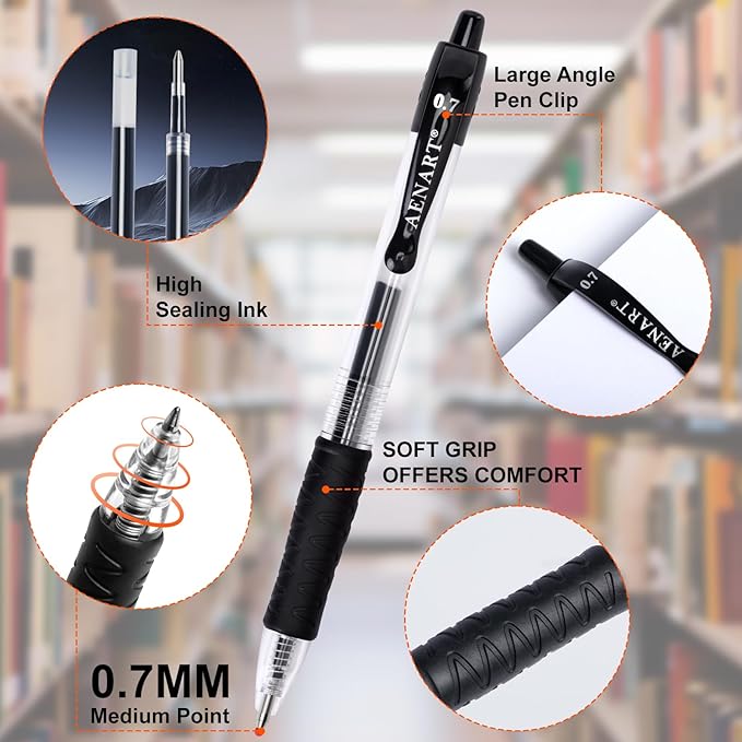 Aen Art Gel Pens Black 0.7mm Fine Point 30 Retractable Gel Ink Pens with Rubber Grip - Quick Dry Roller Pen for Writing, Office, School