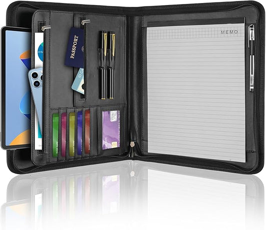 Leather Padfolio Portfolio Binder Organizer, with 25 Pages Notepad & 13" Tablet Sleeve, Professional Conference Meeting Business Zipper Folder for Letter Size A4 Legal Writing Pad Document Men Women