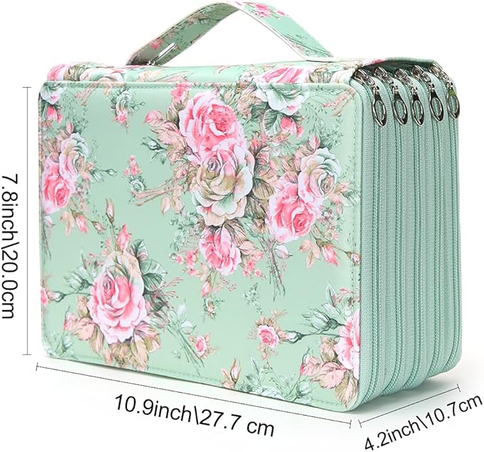 Vomgomfom 252 Slots Pencil Bag, 5-Layer Zipper Art Supply Organizer, PU Leather Portable Colored Pencil Case with Handle for 252 Watercolor Pens, Gel Pens (Green Rose)