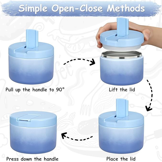 Pawtong 12oz Insulated Vacuum Food Jar with Buckle Lid Wide Mouth Soup Thermo for Hot Food Kids Leakproof Stainless Steel Lunch Container (Gradient Blue, 12OZ)
