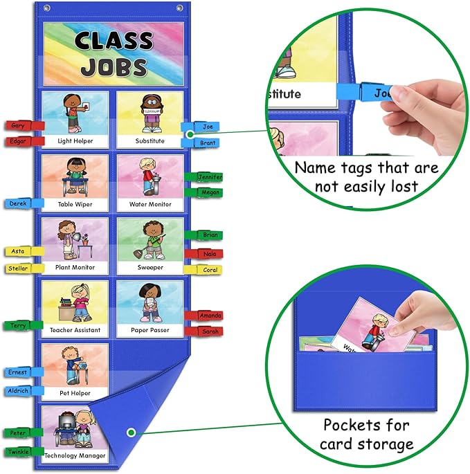 ABCxGOOD Class Jobs Pocket Chart Class Management Educational Pocket Chart Teacher's Helper, Preschool Classroom Must Haves Supplies, Great for Classroom Homeschool. (Blue) (Blue, 29.5"*10")