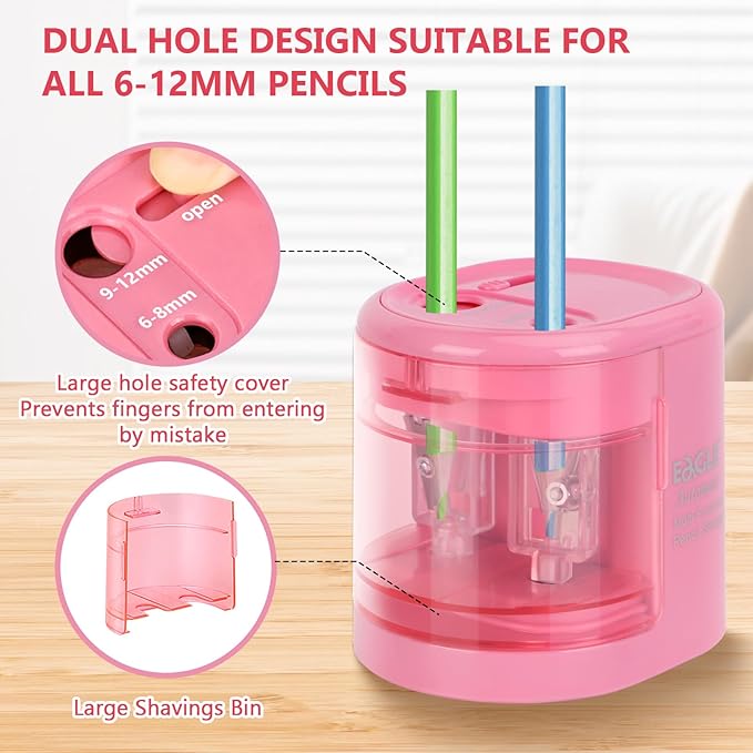 Eagle Electric Pencil Sharpener, Battery or USB Operated, Dual Holes, Dual Blades, fit for Pencils of Size 6-8mm and 9-12mm (Pink)