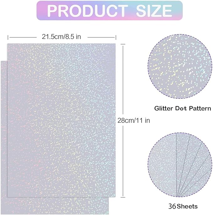 Holographic Sticker Paper, 36 Sheets Transparent Holographic Laminate Vinyl Sheets Self Adhesive, Clear Overlay Lamination Sticker Film for Stickers DIY Crafts, Dots Patterns - 8.5x11 Inch