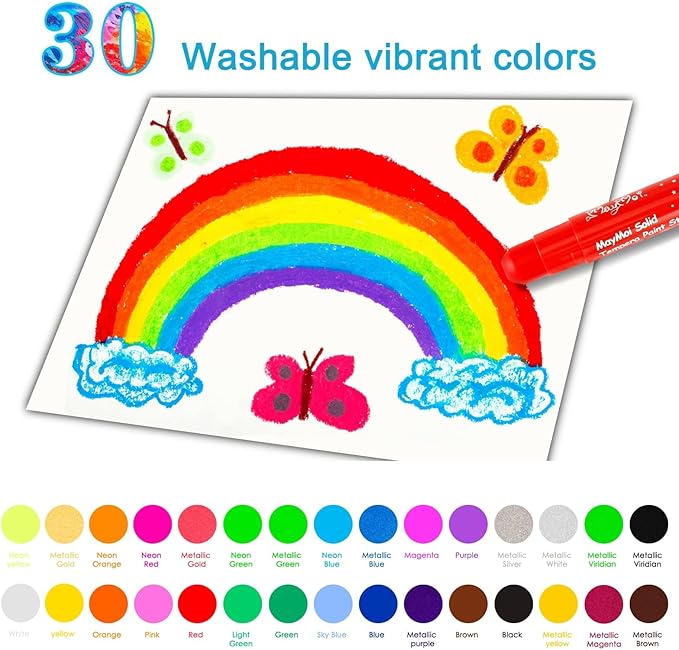 MayMoi Tempera Paint Sticks - 30 Bright Colors, Quick Drying, Easy to Color and Washable Crayons for Teens and Students