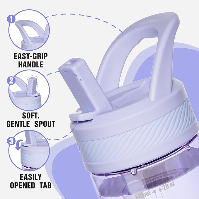 OLDLEY 20oz Kids Water Bottle with Straw, BPA-Free Tritan Water Bottle for School, Leakproof Clear Water Bottle with One Click Open, Measurement Scale, Cup Holder Friendly for Boys Girls,Purple