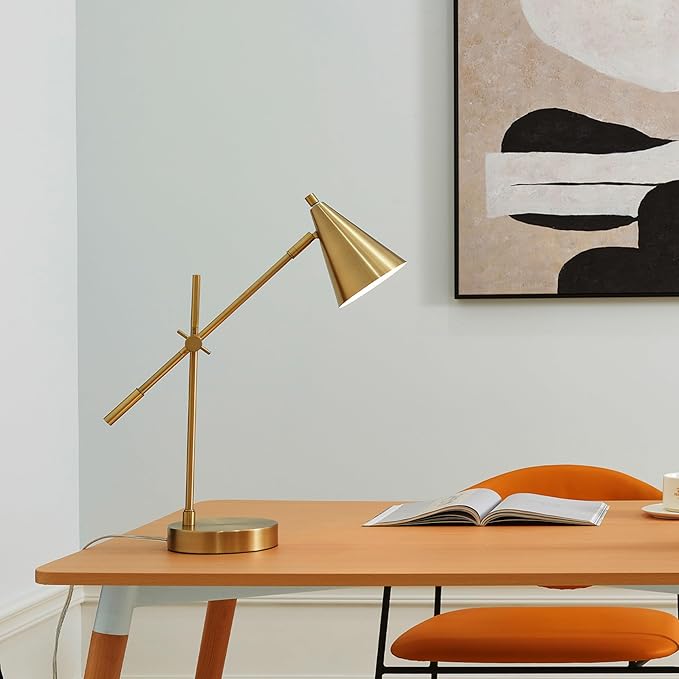 Globe Electric x Novogratz 52887 18" Desk Lamp, Matte Brass Finish, Adjustable Height, Balance Arm, Rotary Switch on Shade, Modern Lighting for Bedroom or Office, E26 Base 50W Bulb