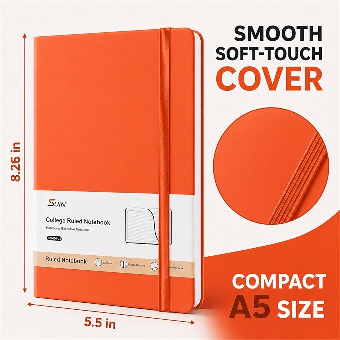SUIN A5 Hardcover Lined Journal Notebook, 200 Pages, Orange, 1 Pack