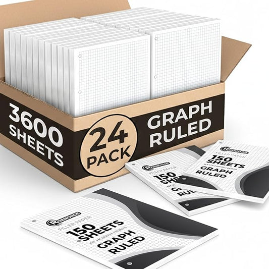 Rosmonde 3600 Sheets, Graph Paper Bulk, 24 Pack, Quad Ruled Sheets, 8" x 10.5", Bulk Loose Leaf Paper, 3 Hole Punched, Graph Ruled Filler Paper for Binders, 150 Sheets/Pack, School Supplies, White