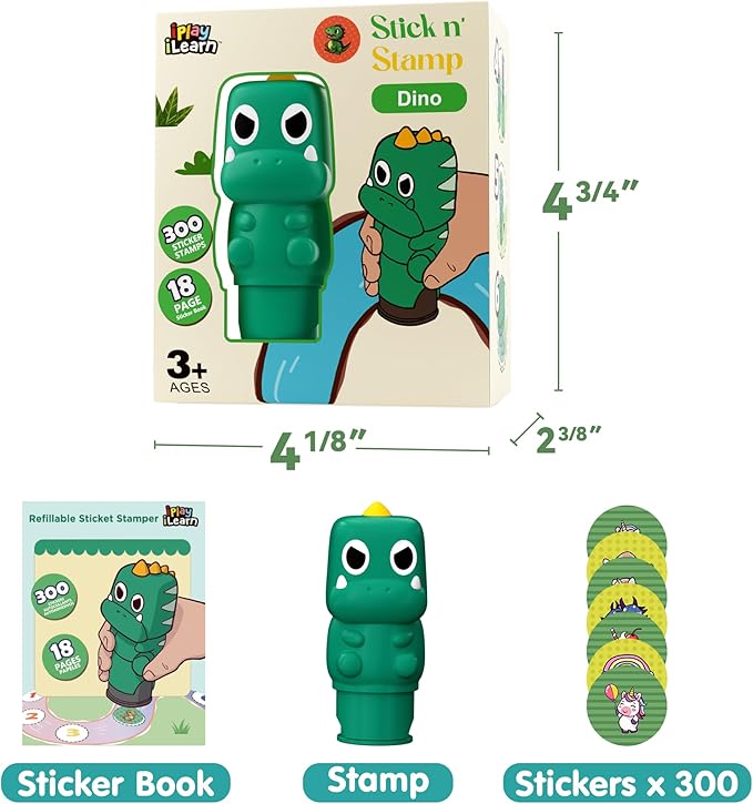iPlay, iLearn Kid Dinosaur Sticker Stamp Set - 400+ Stickers 18-Page Activity Book, Toddler Creative Mess-Free Art Craft Educational Travel Toy, Birthday Easter Basket Gifts 3 4 5 6 Year Old Girl Boy