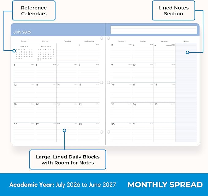 Blue Sky 2026-2027 Monthly Academic Year Teacher Planner Calendar, July 2026 - June 2027, 8.5" x 11", Coated Paper Cover, Stapled Binding, Rainbow Pencils