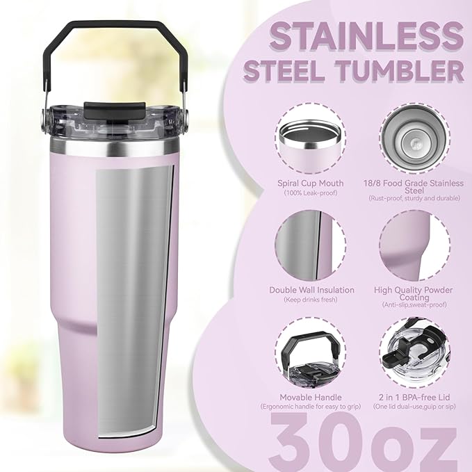 30oz Tumbler with Handle and Flip Straw Lid Double Wall Insulated Travel Coffee Mug Stainless Steel Vacuum Insulated Coffee Tumbler Cup for Hot and Cold Beverages,Leak-proof&BPA-free (30oz,Purple)