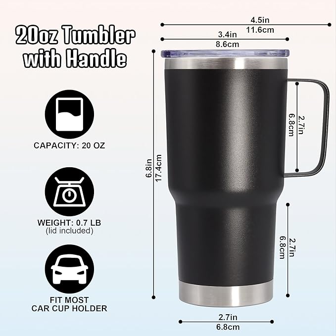 20 oz Tumbler with Handle and Lid, Stainless Steel Tumbler Insulated Travel Coffee Mug, Spill Proof Double Wall Vacuum Tumbler Cup Keep Drink Hot & Cold, Black, 12 Pack