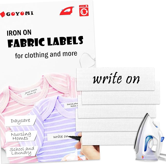 105 Pcs Writable Iron on Clothing Labels, Fabric Labels Name Tags for Daycare, Nursing Home, Camp, School, Laundry, Organizing, Washer & Dryer Safe, with 1 Permanent Fabric Marker, Size 0.6'' x 1.97''