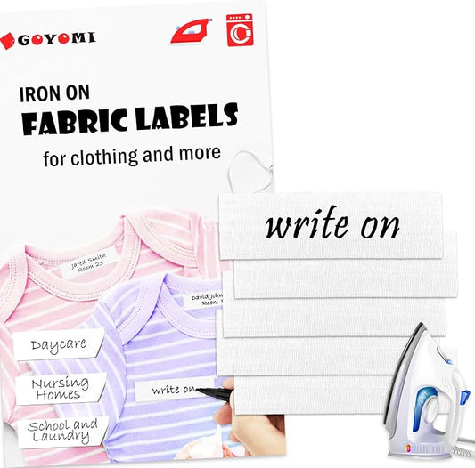 105 Pcs Writable Iron on Clothing Labels, Fabric Labels Name Tags for Daycare, Nursing Home, Camp, School, Laundry, Organizing, Washer & Dryer Safe, with 1 Permanent Fabric Marker, Size 0.6'' x 1.97''