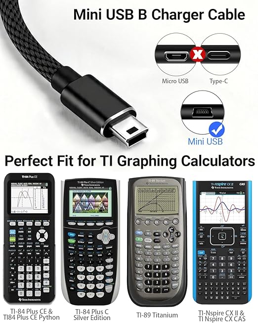 Mini USB Charger Cable for Texas Instruments TI-84 Plus CE/TI-84 Plus C Silver Edition/TI-89/TI-Nspire CX & CX CAS Graphing Calculators, Nylon-Braided 3FT Charging & Data Cord with Cable Tie