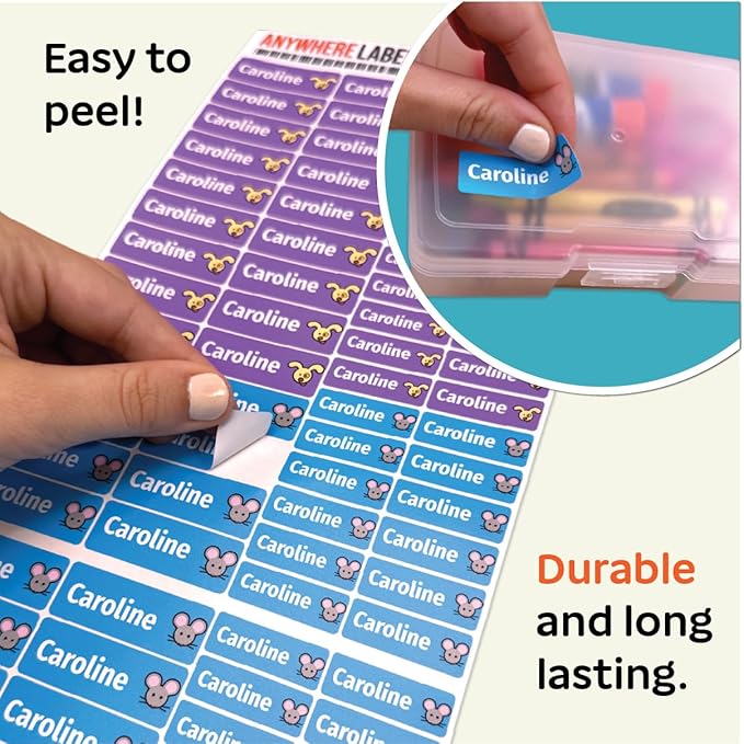 Kids Personalized Name Labels for School, Camp, Daycare (128 Labels) Custom Peel and Stick Waterproof Name Tags Stickers for Water Bottles, Lunch Boxes, Clothing, School Supplies (Pets)