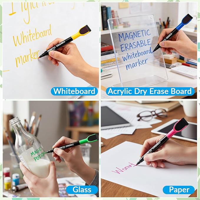 12 Pcs Dry Erase Markers, Black Magnetic Erasable Whiteboard Markers, 1 mm Fine Tip Dry Erase Marker with Eraser, Low Odor Thin Markers for Glass Whiteboards Mirrors Calendar Office