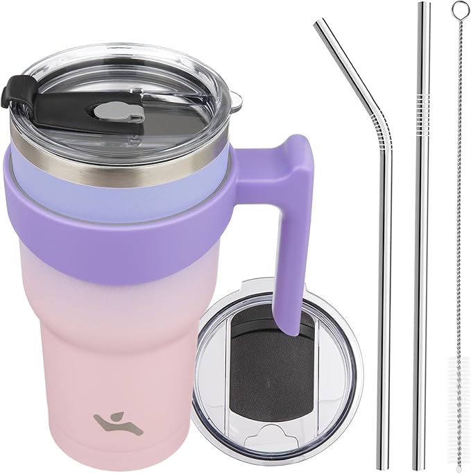 Konokyo 30 oz Tumbler with Handle and 2 Straw 2 Lid, Insulated Water Bottle Stainless Steel Vacuum Cup Reusable Travel Mug,Pastel Sunset