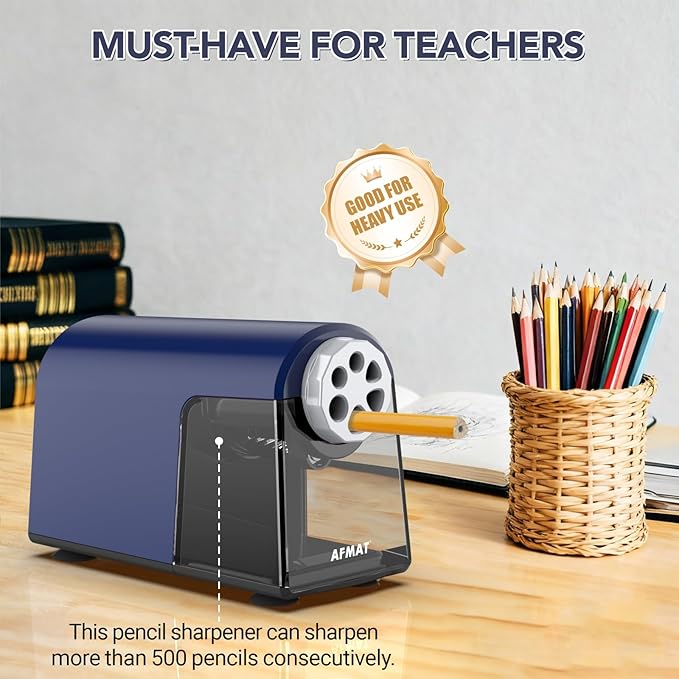 AFMAT Electric Pencil Sharpener for Classroom, 6 Holes, Cordless & Rechargeable, Fast Sharpen, Auto Stop, 10K+ Uses, Heavy Duty Pencil Sharpener for 6-11mm No.2/Large/Colored Pencils PSD2(Blue)
