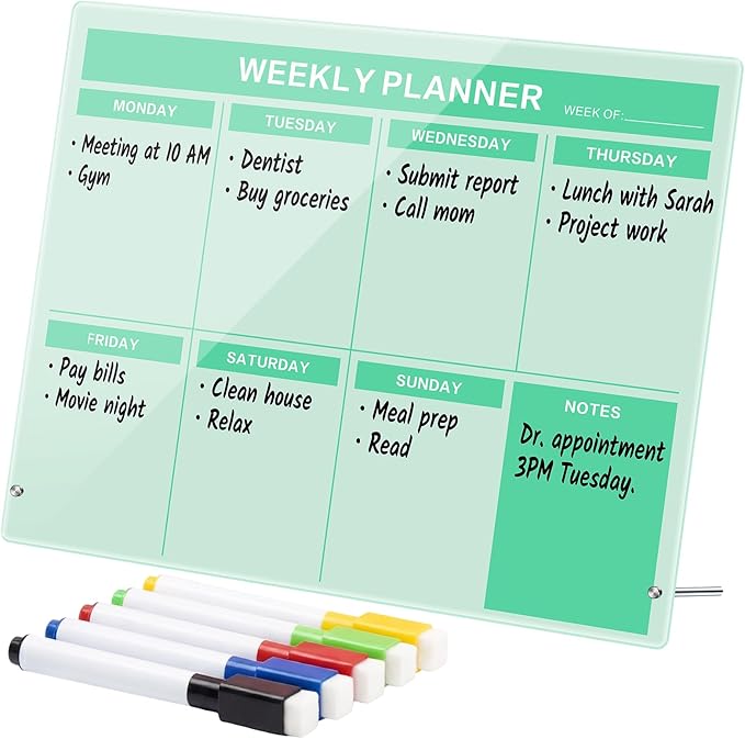 Desktop Acrylic Weekly Planner Board Acrylic Calendar Dry Erase Board with Stand to Do List Planner Boards with Daily Schedule and Markers for Family Home Office(Sage Green)