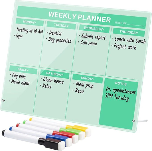 Desktop Acrylic Weekly Planner Board Acrylic Calendar Dry Erase Board with Stand to Do List Planner Boards with Daily Schedule and Markers for Family Home Office(Sage Green)