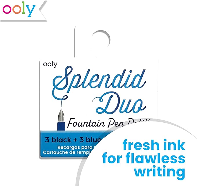 Ooly Set of 6 Black and Blue Fountain Pen Ink Refills, Includes 3 Black and 3 Blue Refills Compatible with Ooly Fountain Pens Only, School Supplies