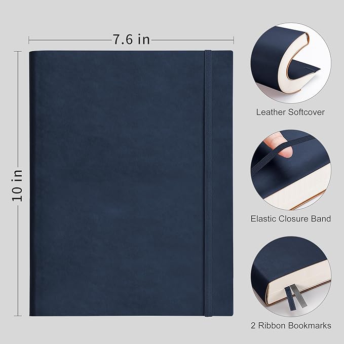 RETTACY Dotted Journal Notebook, 2-Pack, 192 Numbered Pages per Pack, B5 Medium Size (7.6'' × 10''), Leather Softcover, 100 GSM Thick Paper, for Journaling, Planning (Black & Navy Blue)