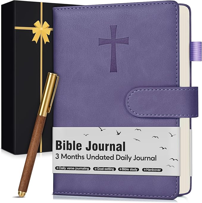 Leather Christian Bible Journal for Women, Prayer Journal for Scripture Study, Daily Devotional, Undated Church Notes Notebook, Jesus Religious Faith Gift for Pastor, Graduation, Baptism, Lavender