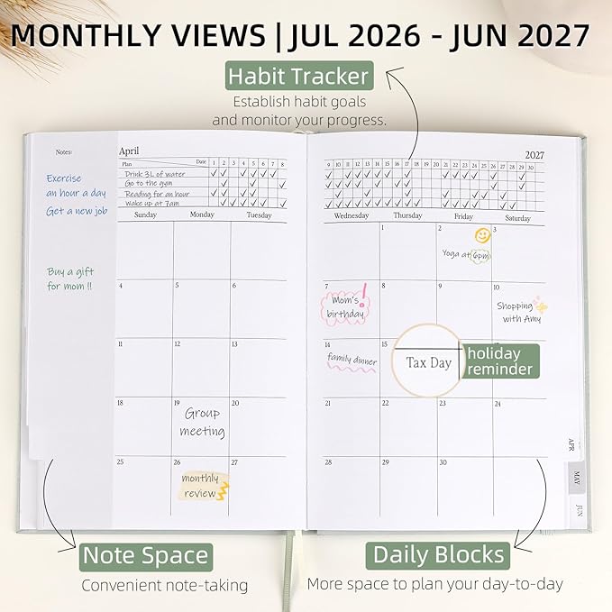 2026-2027 Planner - Weekly and Monthly Planner, July 2026 - June 2027, Linen Hardcover, 2026-2027 Calendar Planner Book with Tabs, Aesthetic, Perfect for Office Home School Supplies (Green, A5 (Jul 2026-Jun 2027))