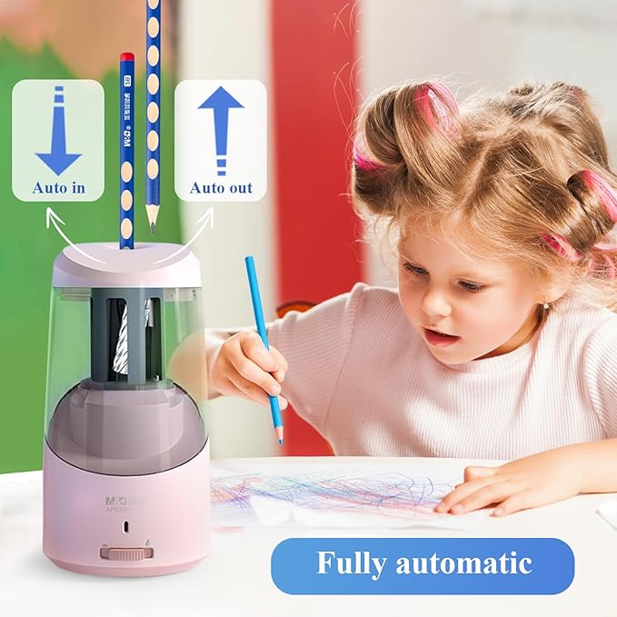 M&G Pink Electric Pencil Sharpener, Portable Automatic Pencil Sharpener for Colored Pencils, Auto Stop, Super Sharp & Fast, USB Operated for 6-8mm Pencils for Kids, School, Office, Home (Pink)