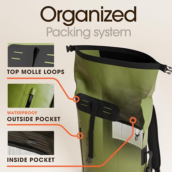 Waterproof Dry Bag Backpack 85L - Kayaking Boating Fishing Rafting Marine | Green 85L dry bag: 500D PVC, abrasion resistant build, IPX8 phone case for river and lake trips