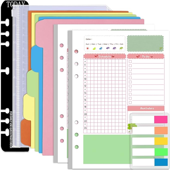 Rancco A5 Planner Inserts Daily Refills, 90 Pages Colorful 6-Ring Loose-leaf Binder Planner Inserts w/Divider, PVC Pouch, Ruler, Index Tab for Journal, Filofax, Double-sided, Undated,8.3x5.6"