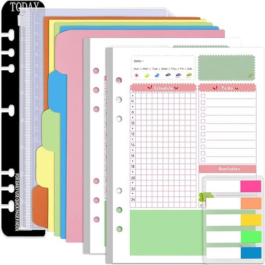 Rancco A5 Planner Inserts Daily Refills, 90 Pages Colorful 6-Ring Loose-leaf Binder Planner Inserts w/Divider, PVC Pouch, Ruler, Index Tab for Journal, Filofax, Double-sided, Undated,8.3x5.6"