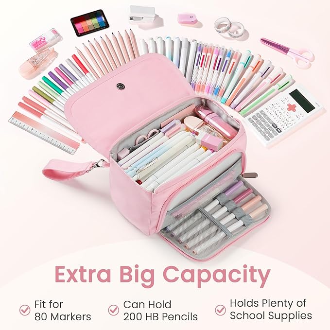 Sooez Super Large Pencil Case, Big Capacity Pencil Bag with 3 Compartments, can hold 100 pencils, Cute Pencil Pouch with Zipper, Portable Stationery Pen Bag, School Supplies For Teen Girls, Purple