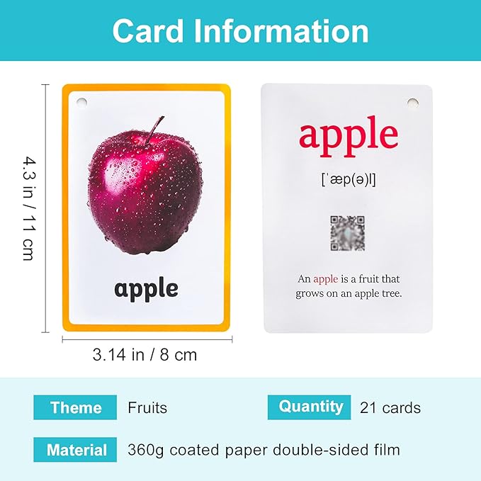 Lilias Fruits Flash Cards, Toddler Learning Toys, Preschool Learning Toys, Homeschool Supplies, Learning Supplies for Kindergarten, 4.3 X 3.14 Inch, 21 Cards in Set
