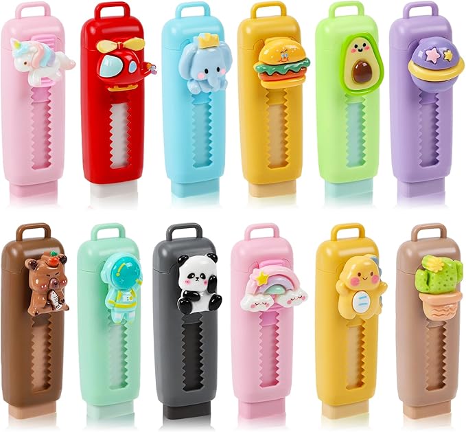 12 Pack Cute Retractable Pencil Erasers for Kids Bulk Kawaii Cartoon Fun Erasers for Teacher Class Rewards Favor School Supplies Home Office Party Gift Filling