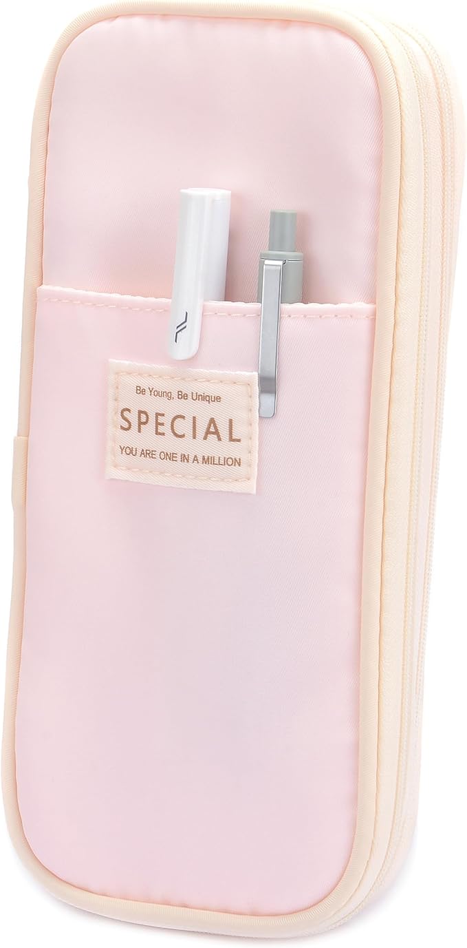 Large Capacity Canvas Pencil Case Organizer Holder Pouch Bag with Zipper Compartments, Pen Cases for Women Girls School Adults (Pink)