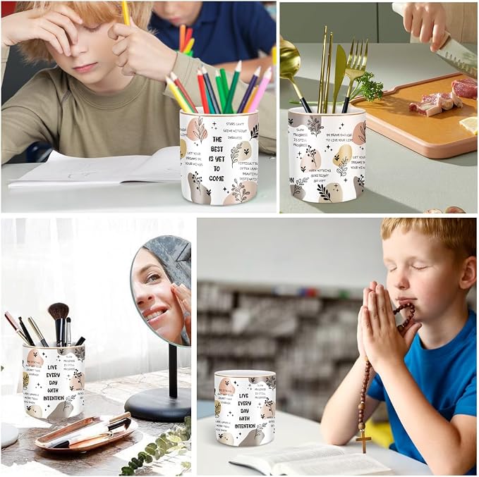 Cute Desk Pencils Pen Holder, Pencil Cup Holder for Desk, Ceramic Desktop Storage Pen Pencil Organizers Stationery Supplies for Office, Home, Words Pattern