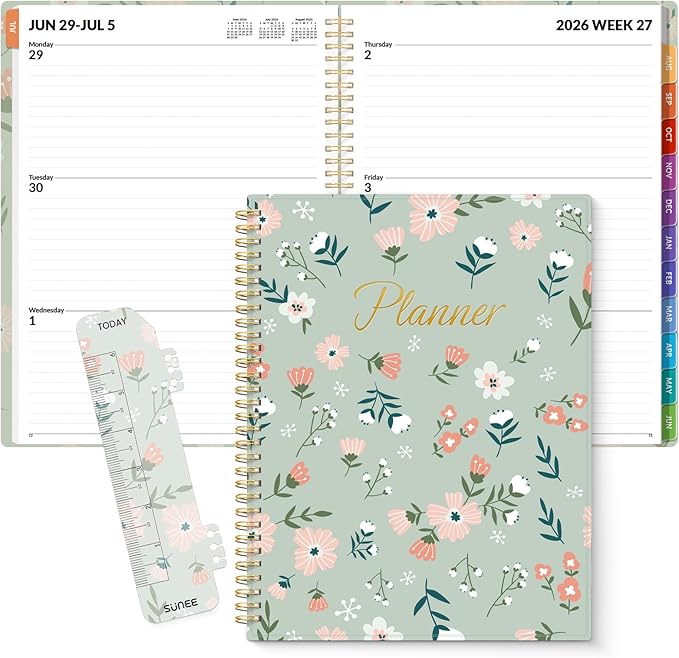 SUNEE Academic Planner 2026-2027 – Weekly & Monthly Planner, July 2026 to June 2027, 8.5"x11", Thick Paper, Tabs, Pockets, Bookmark, Spiral-Bound, Student Teacher Organizer, Green Wildflowers