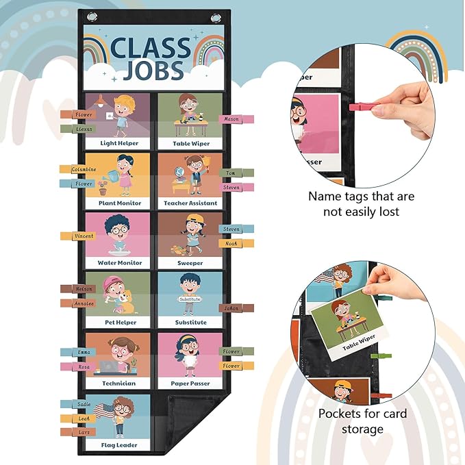 Pasimy Class Jobs Pocket Chart Class Helpers Pocket Chart Classroom Jobs Cards with Clips and Hooks Teacher's Helper Bulletin Board Set for Back to School Classroom Teacher Supplies (Boho)